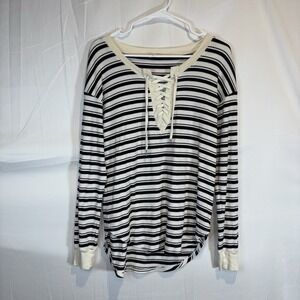 Womens Splendid Stripe Lace-up Tee Waffle‎ Knit White/Black Size Small $120